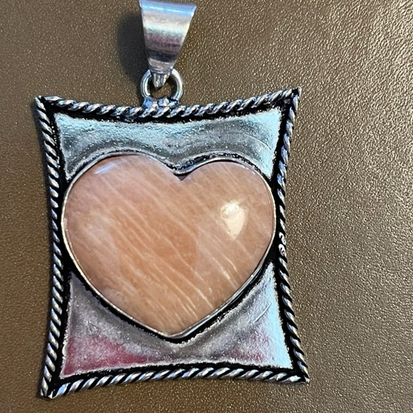Heart Shaped Pink, Peach Amazonite 925 Silver Plated 1.6” Pendant Artisan Charm - Picture 3 of 4